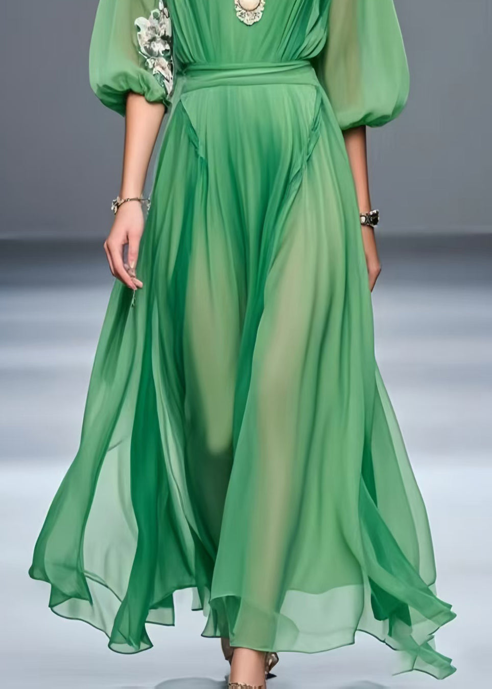 Green Patchwork Chiffon Robe Dresses Asymmetrical Summer