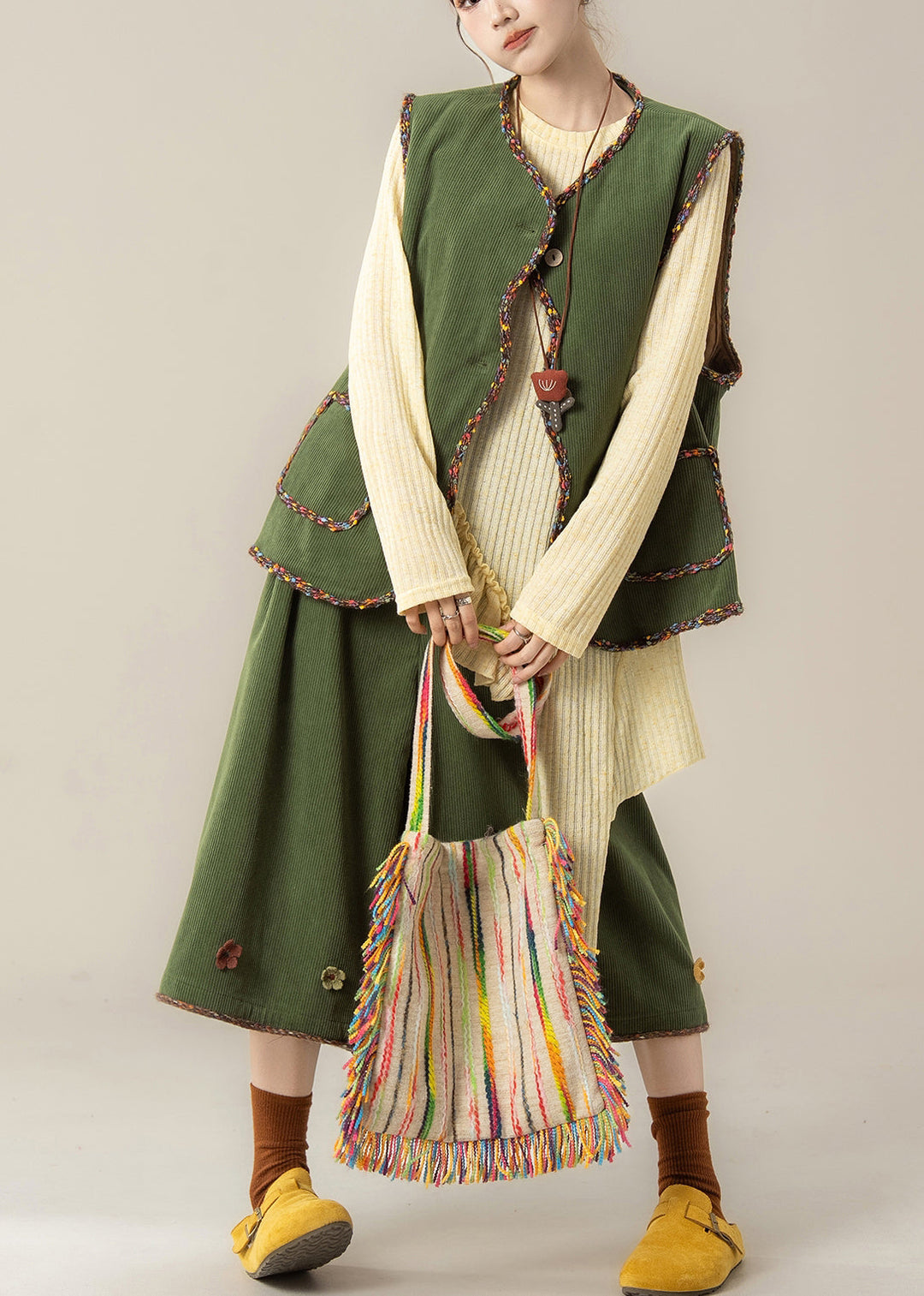 Green Patchwork Corduroy Waistcoat ,Top And Crop Pants Three Pieces Set Sleeveless