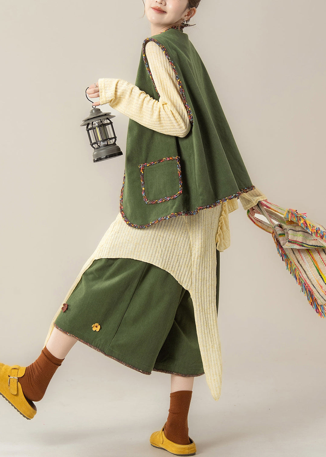 Green Patchwork Corduroy Waistcoat ,Top And Crop Pants Three Pieces Set Sleeveless