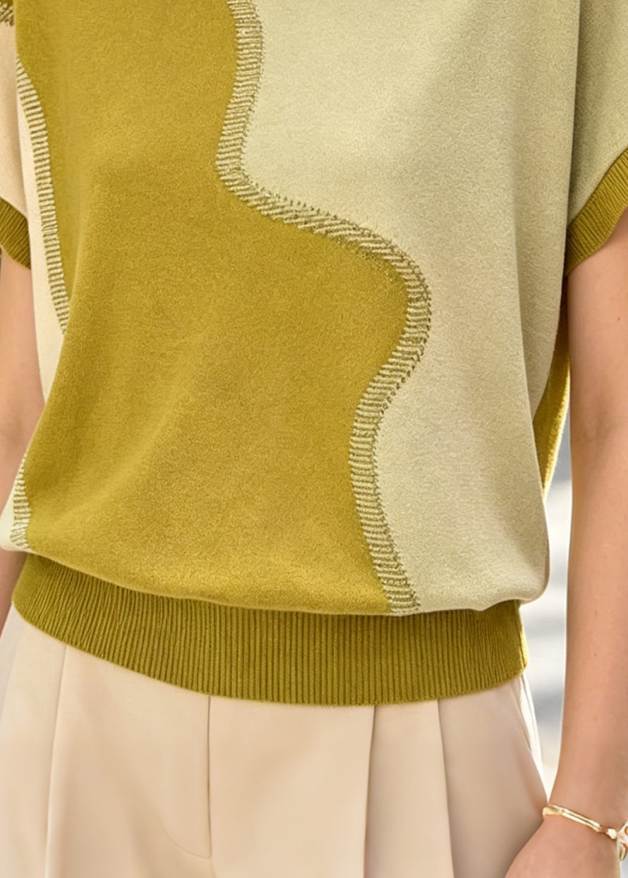 Green Patchwork Knit Blouse Tops Oversized Summer