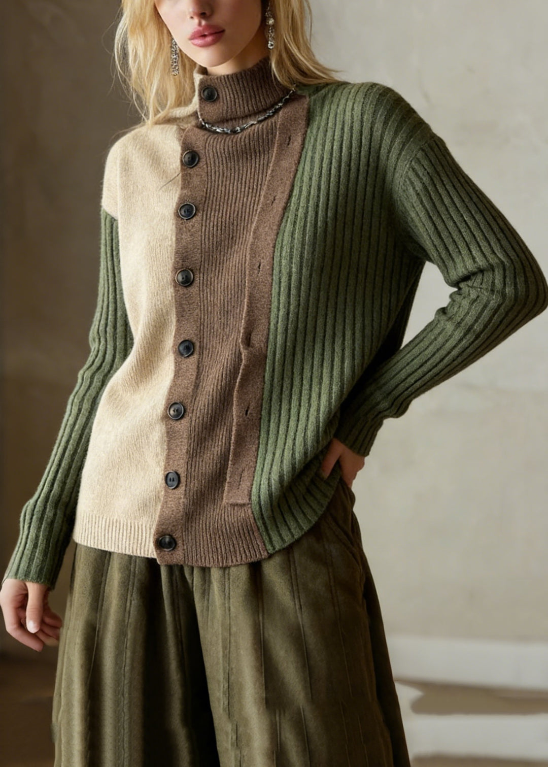 Green Patchwork Knit Sweaters Turtle Neck Winter