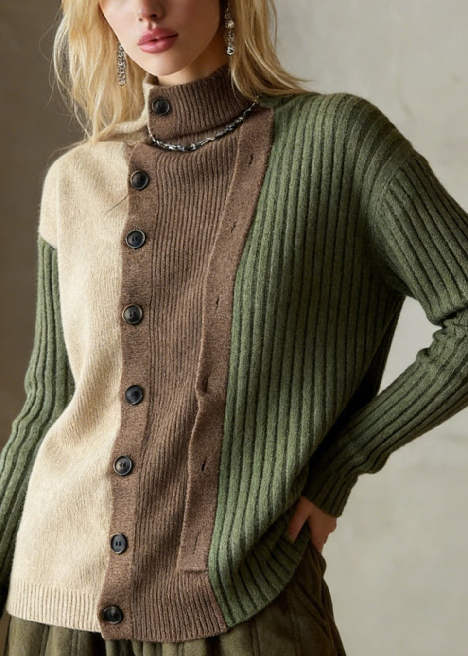 Green Patchwork Knit Sweaters Turtle Neck Winter