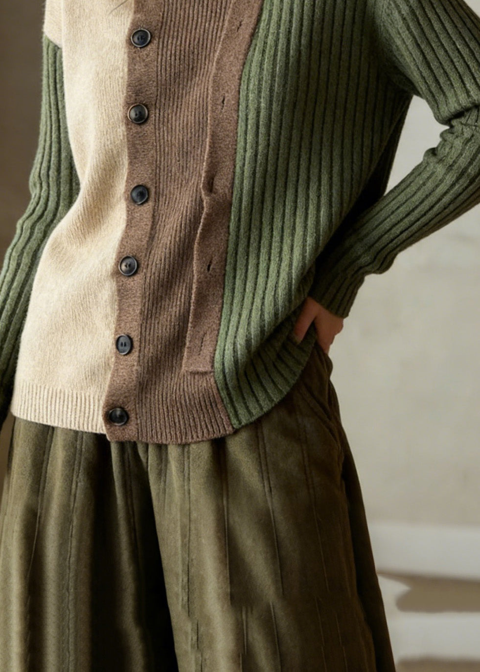 Green Patchwork Knit Sweaters Turtle Neck Winter