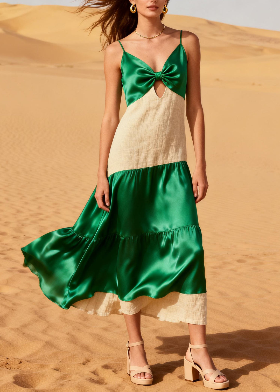 Green Patchwork Linen Silk Cami Dress Hollow Out Summer