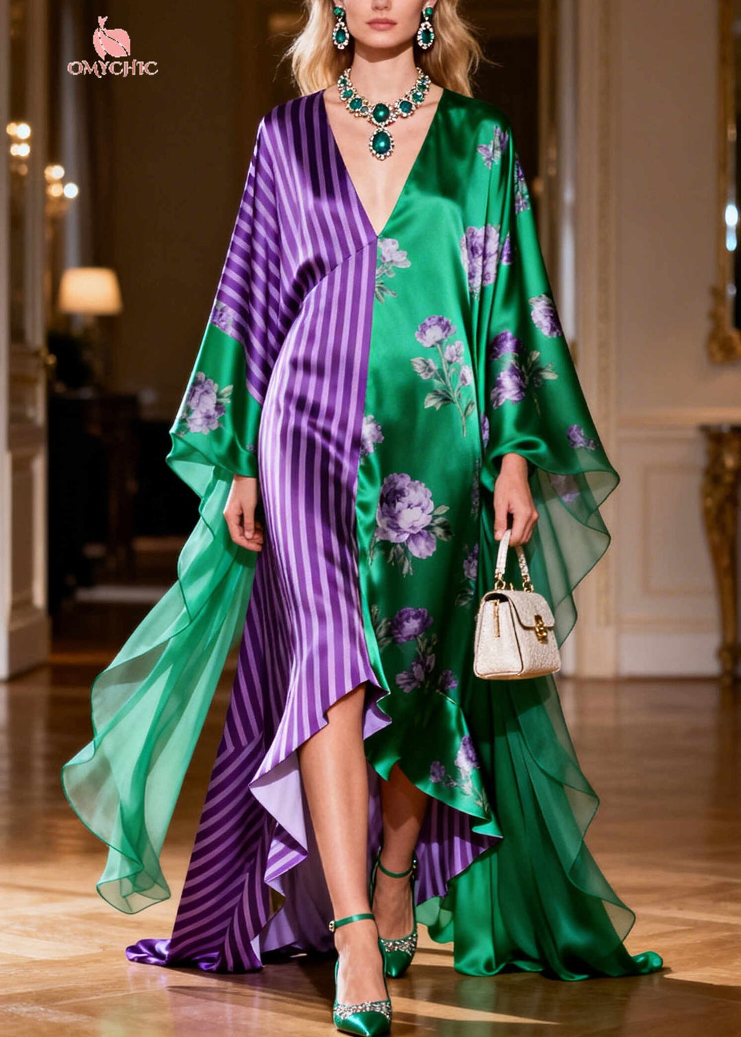 Green Patchwork Print Silk Dinner Dresses Asymmetrical Exra Large Hem Summer