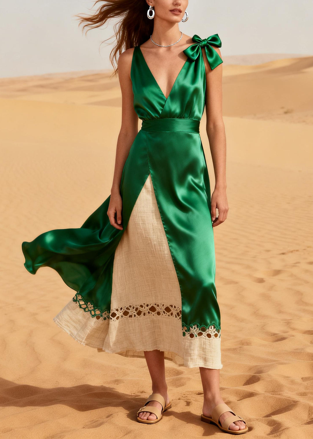 Green Patchwork Silk Fake Two Piece Dresses Hollow Out Summer