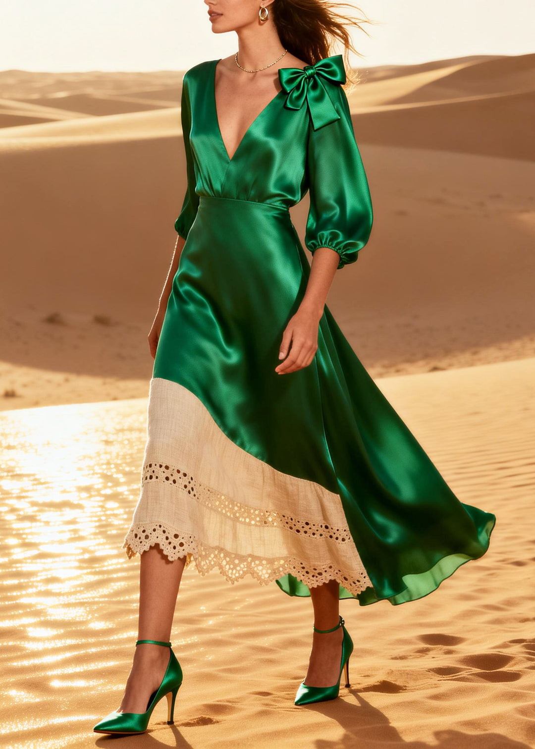 Green Patchwork Silk Long Dress V Neck Hollow Out Summer