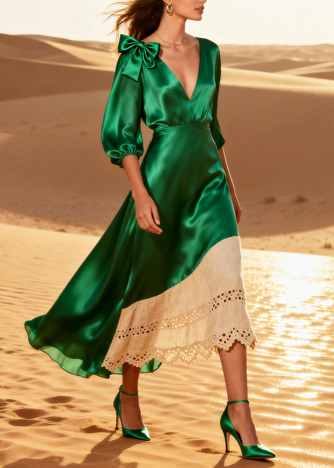 Green Patchwork Silk Long Dress V Neck Hollow Out Summer