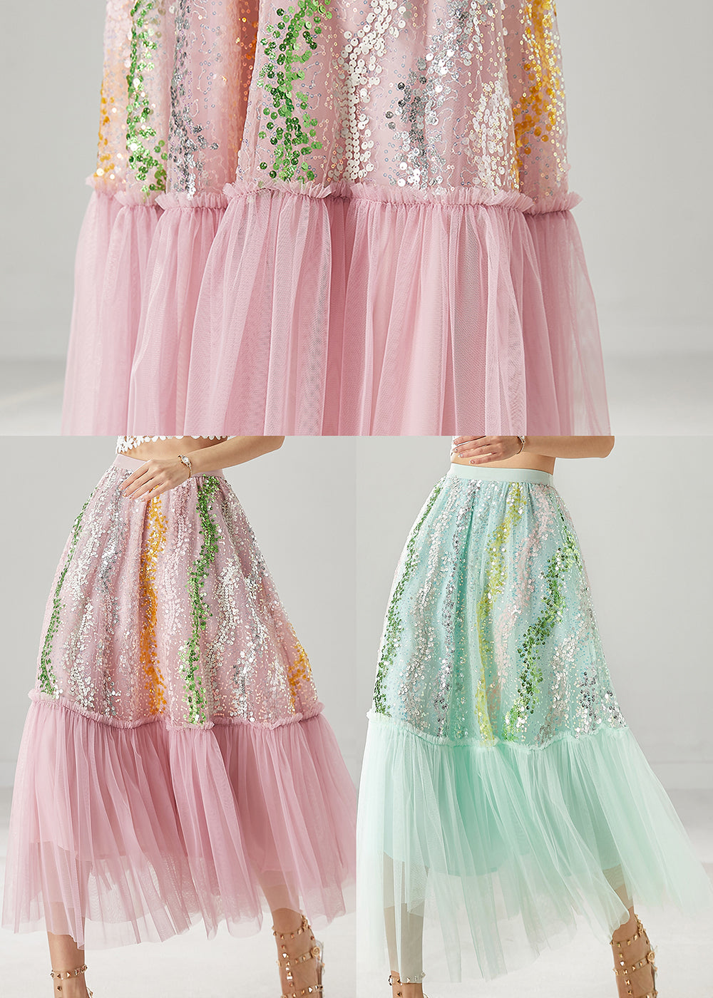 Green Patchwork Tulle A Line Skirts Sequins Spring