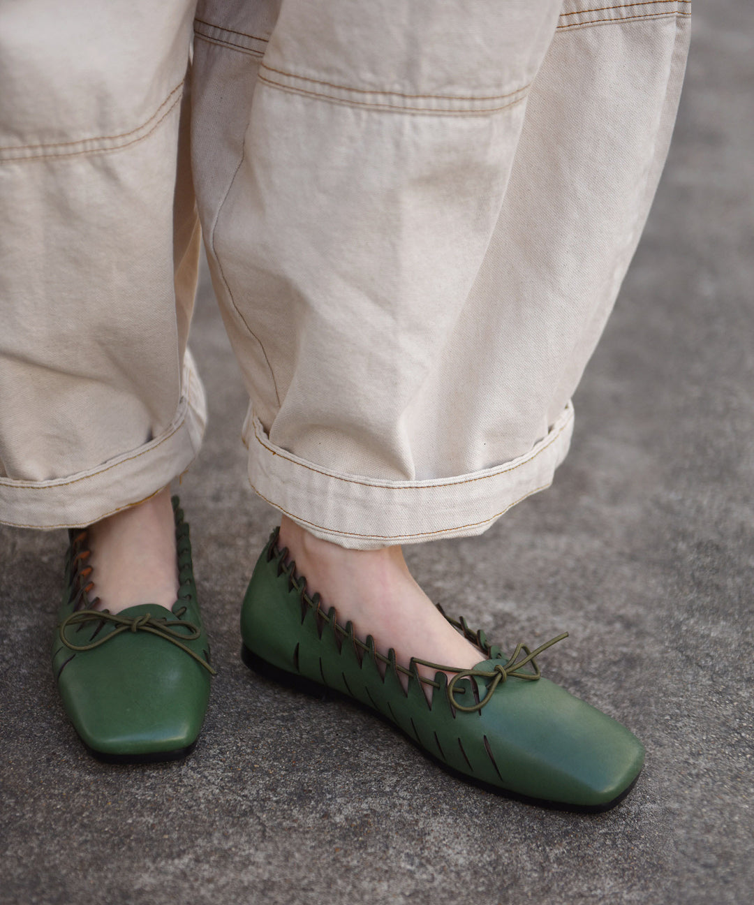 Green Penny Loafers Cowhide Leather Retro Splicing Bow Lace Up