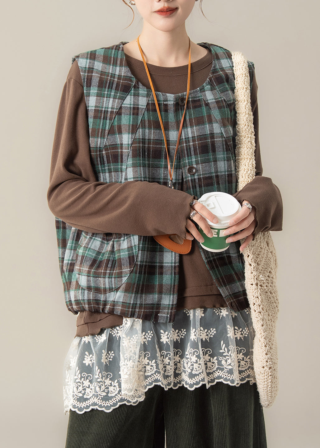 Green Plaid Cotton Vest Tops U Neck Spring