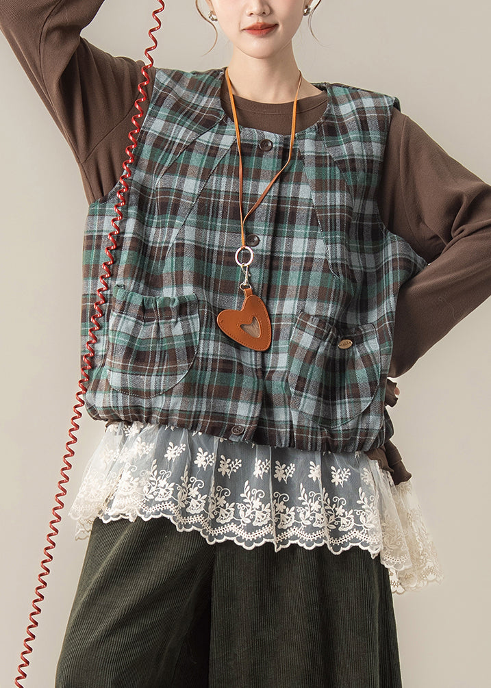 Green Plaid Cotton Vest Tops U Neck Spring