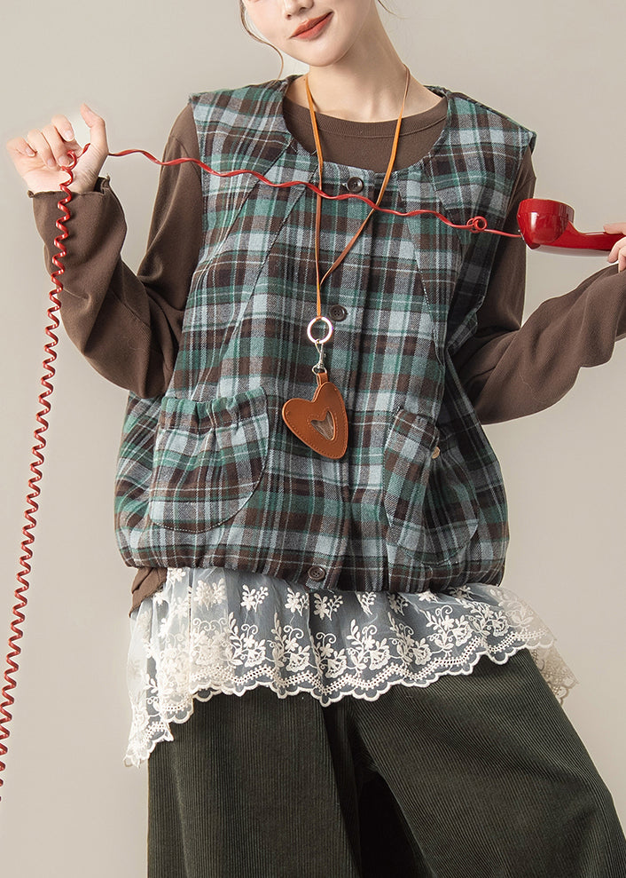 Green Plaid Cotton Vest Tops U Neck Spring