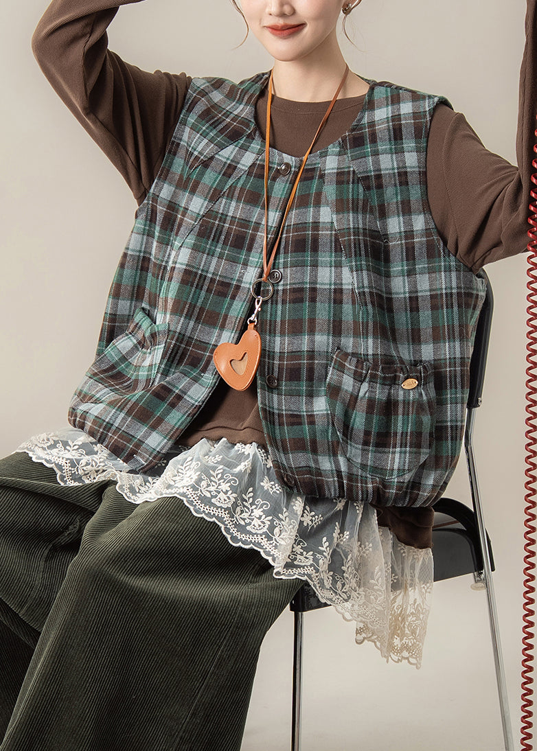 Green Plaid Cotton Vest Tops U Neck Spring