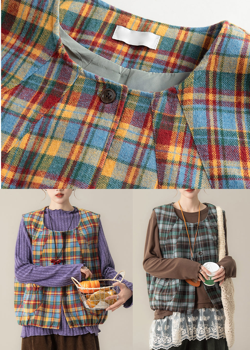 Green Plaid Cotton Vest Tops U Neck Spring