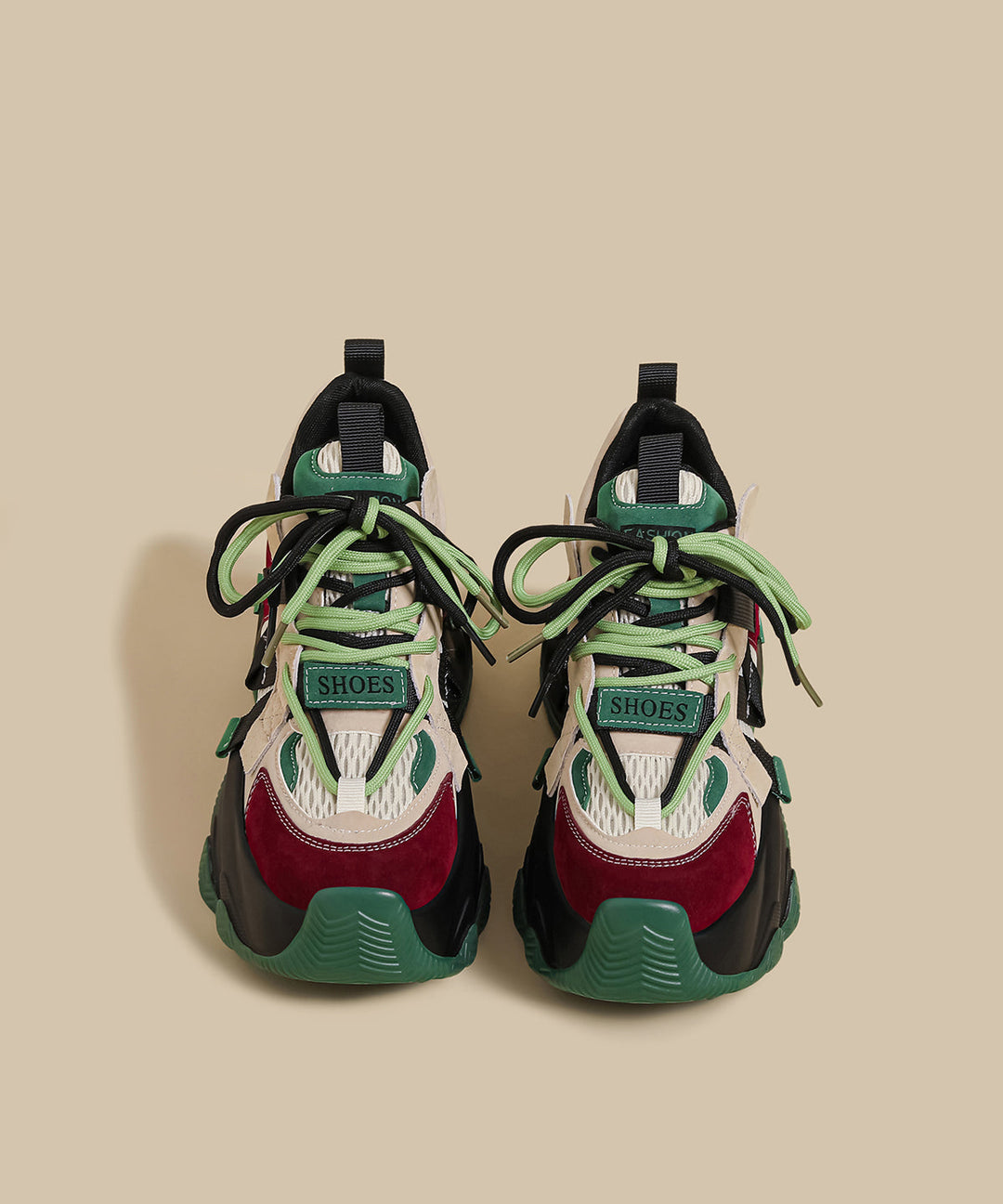 Green Platform Sport Shoes Faux Leather Soft Splicing Breathable Mesh