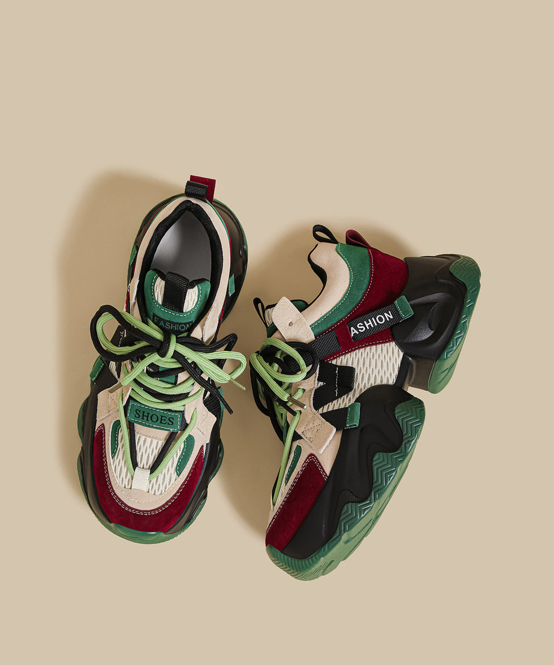 Green Platform Sport Shoes Faux Leather Soft Splicing Breathable Mesh