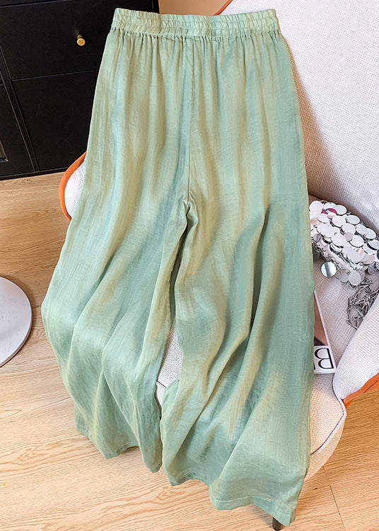 Green Pockets Elastic Waist Linen Summer Crop Pants Embroidered