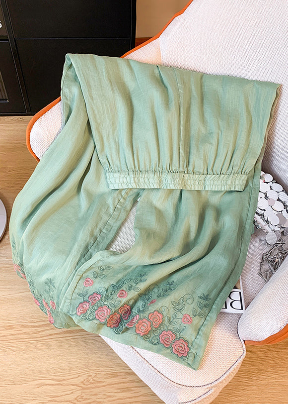 Green Pockets Elastic Waist Linen Summer Crop Pants Embroidered