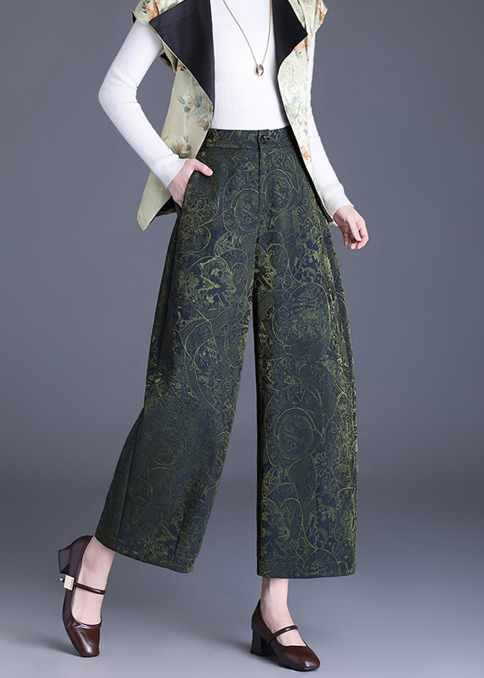 Green Pockets Jacquard High Waist Wide Leg Crop Pants Fall