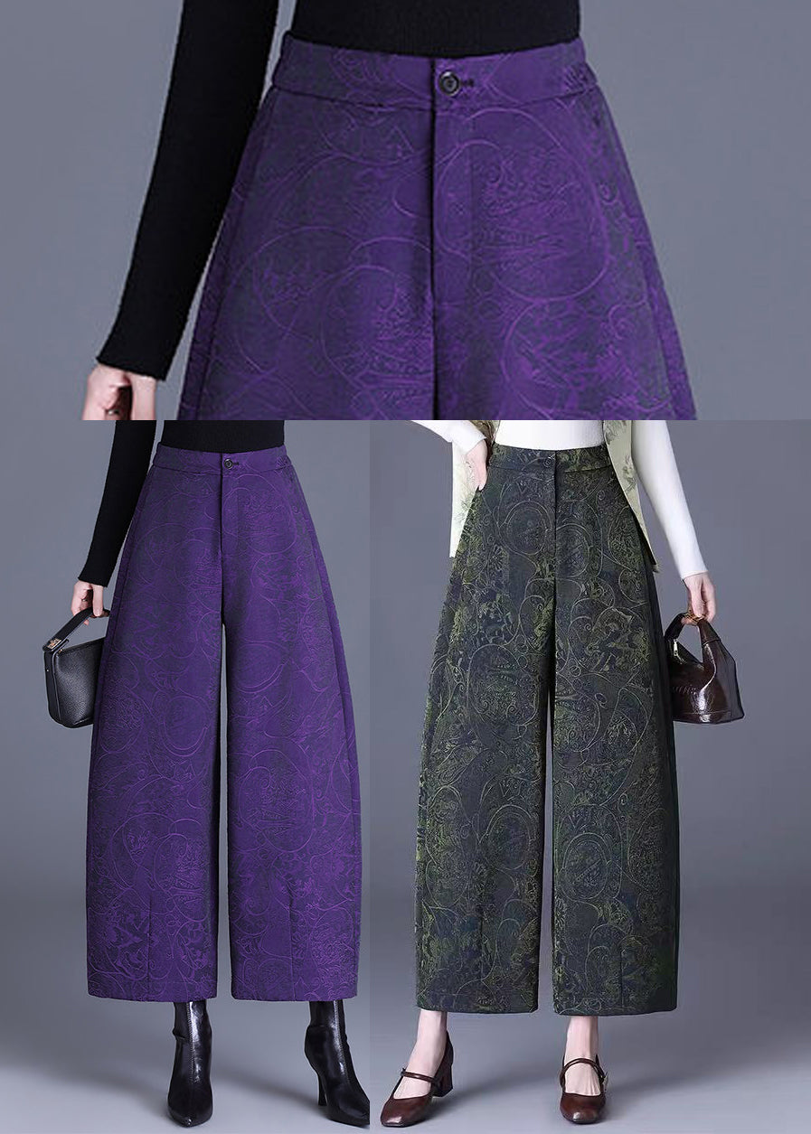 Green Pockets Jacquard High Waist Wide Leg Crop Pants Fall