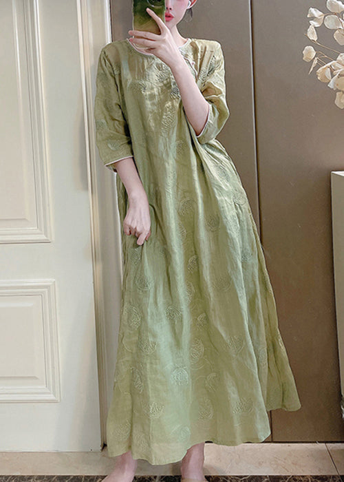 Green Pockets Linen Two Pieces Set Embroidered Bracelet Sleeve