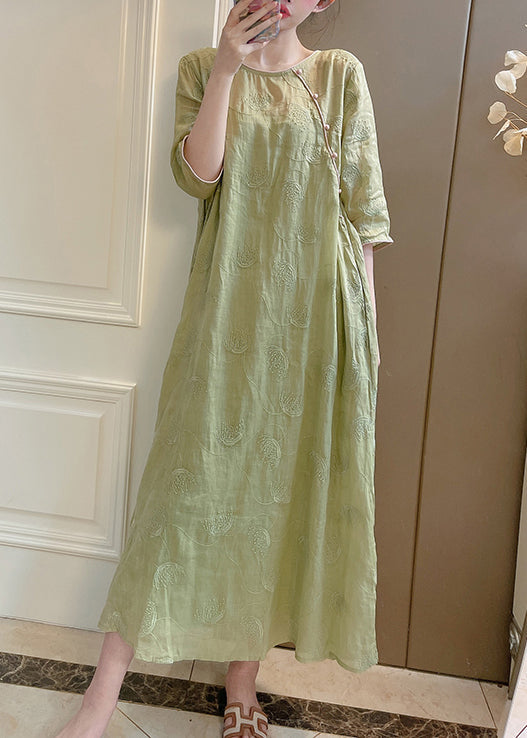 Green Pockets Linen Two Pieces Set Embroidered Bracelet Sleeve