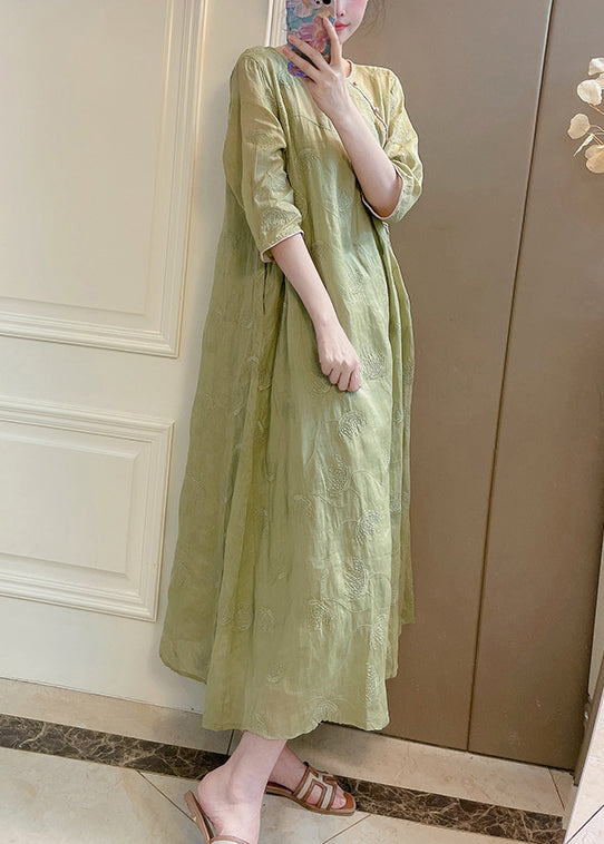 Green Pockets Linen Two Pieces Set Embroidered Bracelet Sleeve