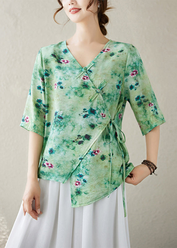 Green Print Lace Up Cotton Blouse Top V Neck Summer