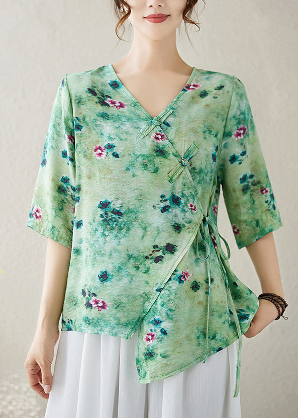 Green Print Lace Up Cotton Blouse Top V Neck Summer