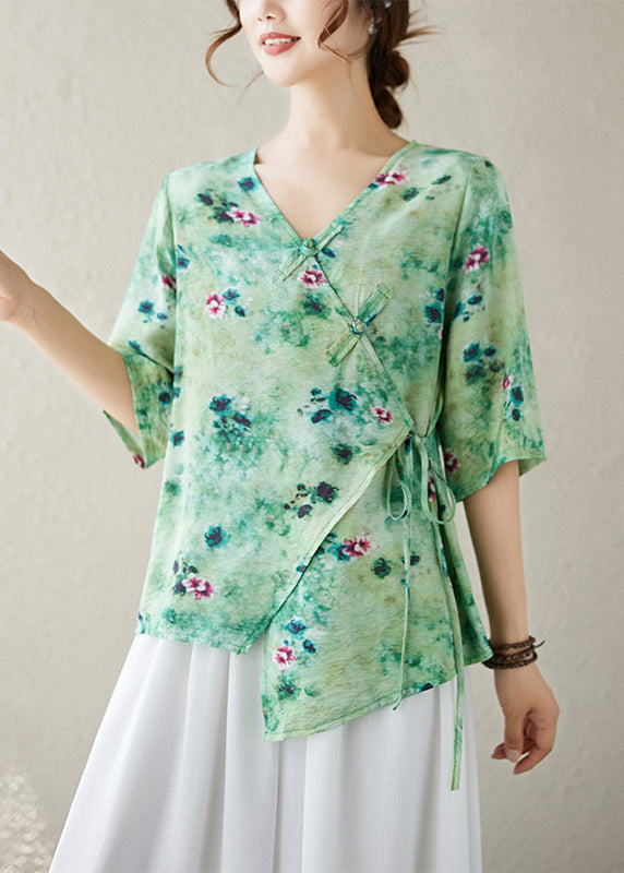 Green Print Lace Up Cotton Blouse Top V Neck Summer