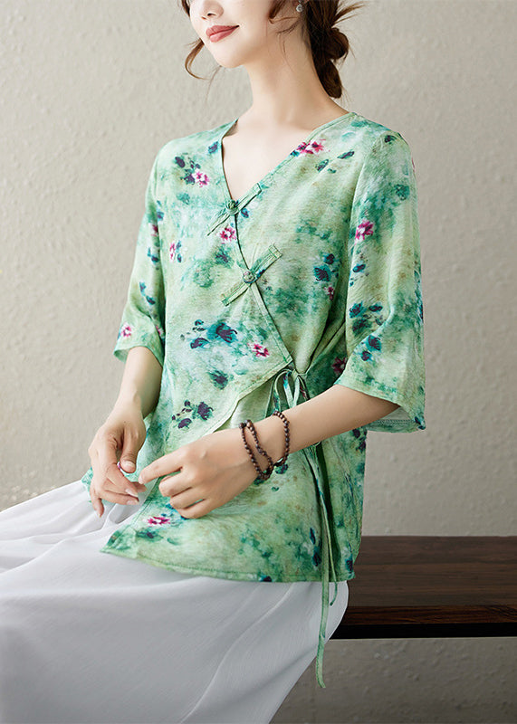 Green Print Lace Up Cotton Blouse Top V Neck Summer