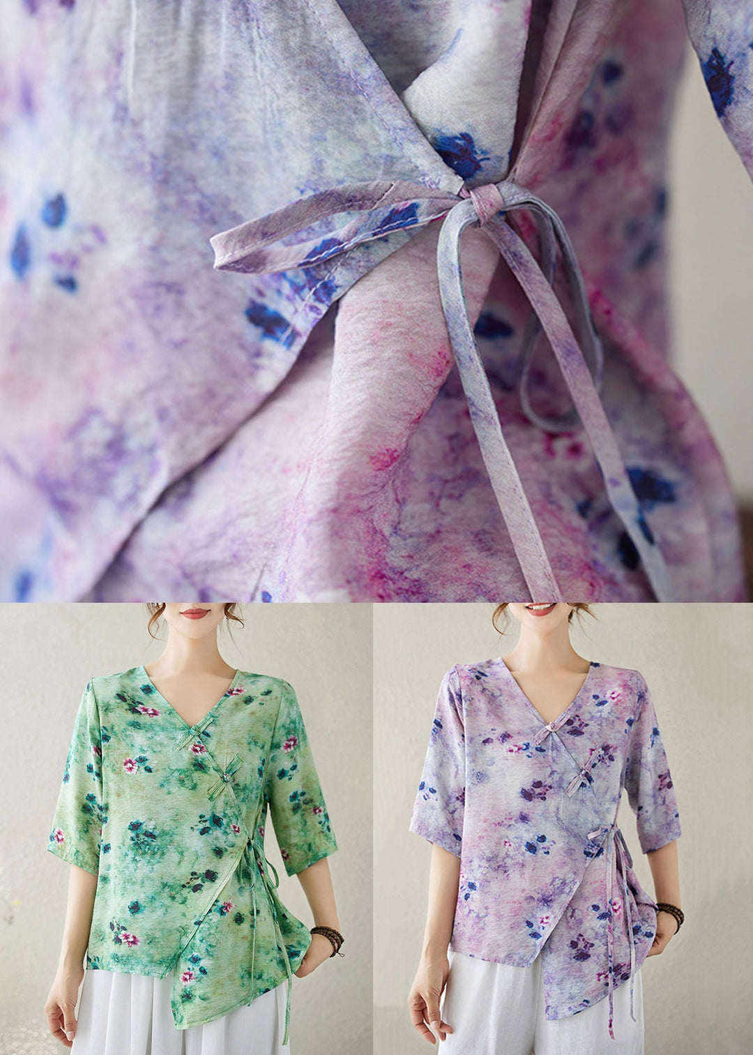 Green Print Lace Up Cotton Blouse Top V Neck Summer