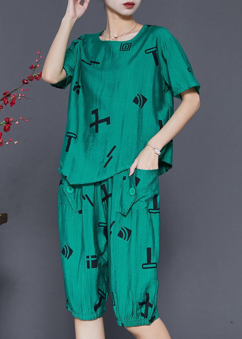 Green Print Linen Two Pieces Set Asymmetrical Summer