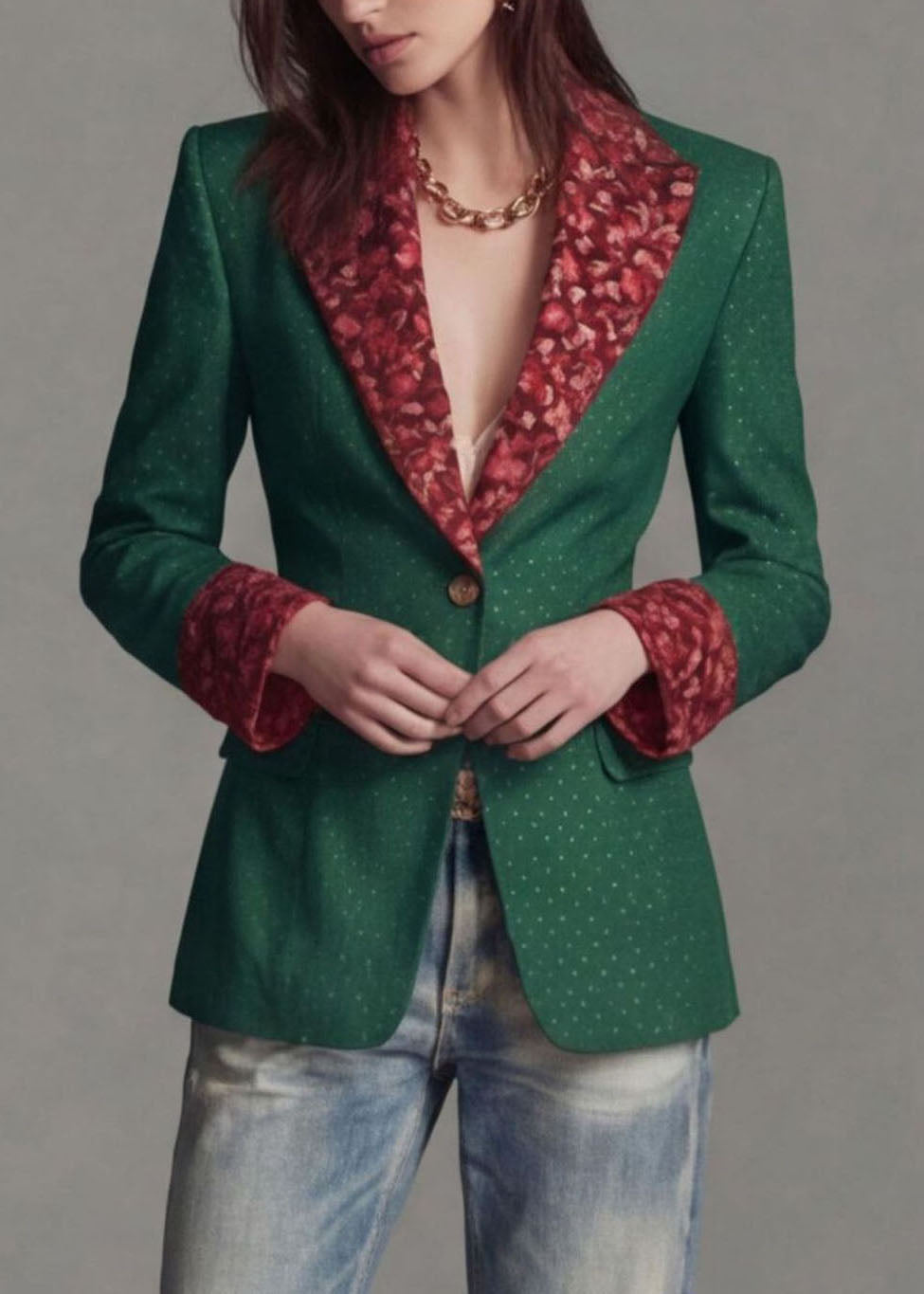 Green Print Patchwork Cotton Suit Coat Peter Pan Collar Fall