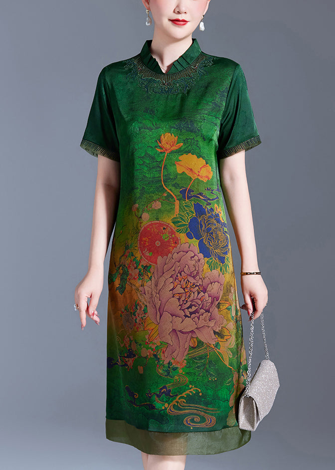 Green Print Patchwork Silk Dress Stand Collar Summer