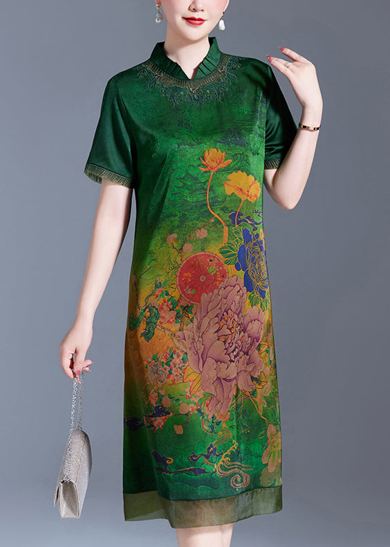 Green Print Patchwork Silk Dress Stand Collar Summer