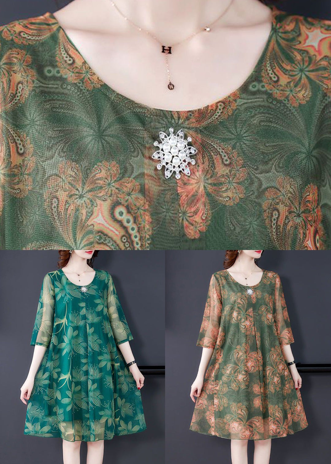 Green Print Tulle Dresses O Neck Half Sleeve