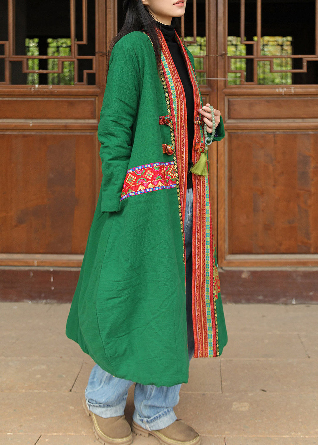 Green Print Women Long Parka V Neck Long Sleeve