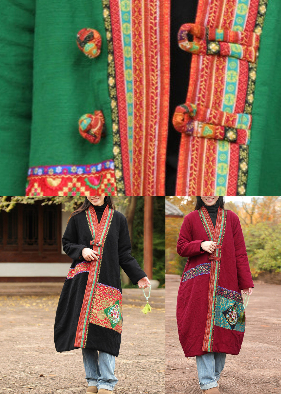 Green Print Women Long Parka V Neck Long Sleeve
