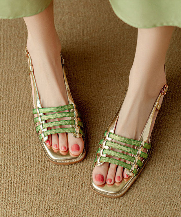 Green Sandals Chunky Cowhide Leather Chic Splicing Peep Toe