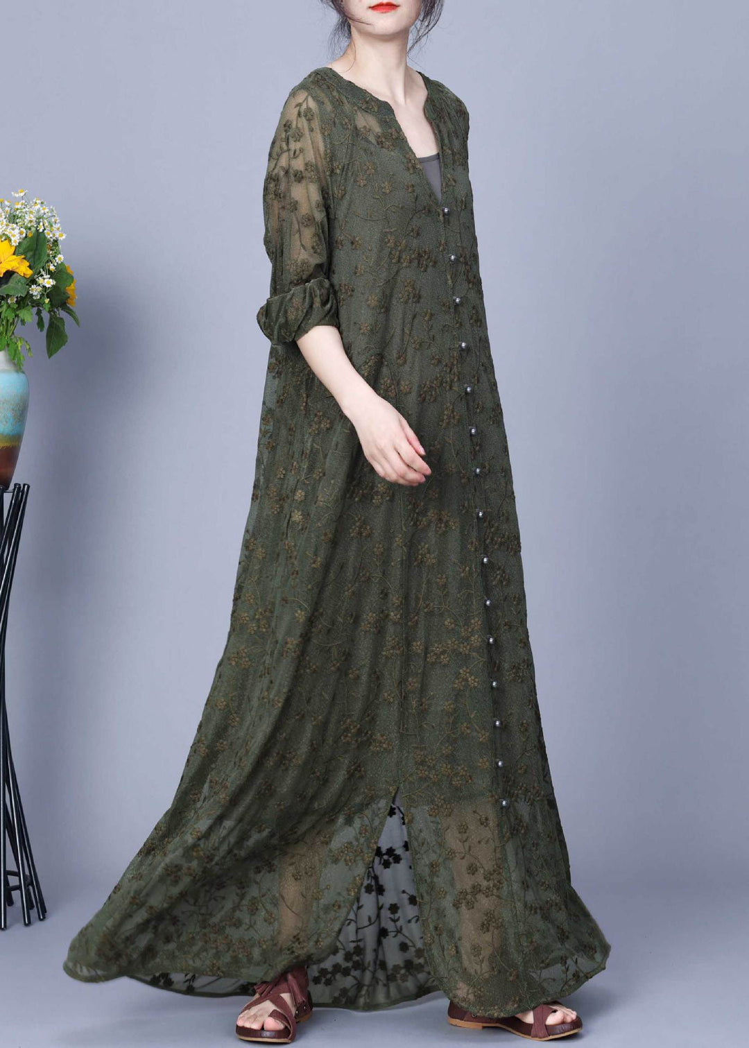 Green Side Open Silk Cotton Two Pieces Set Embroidered Long Sleeve