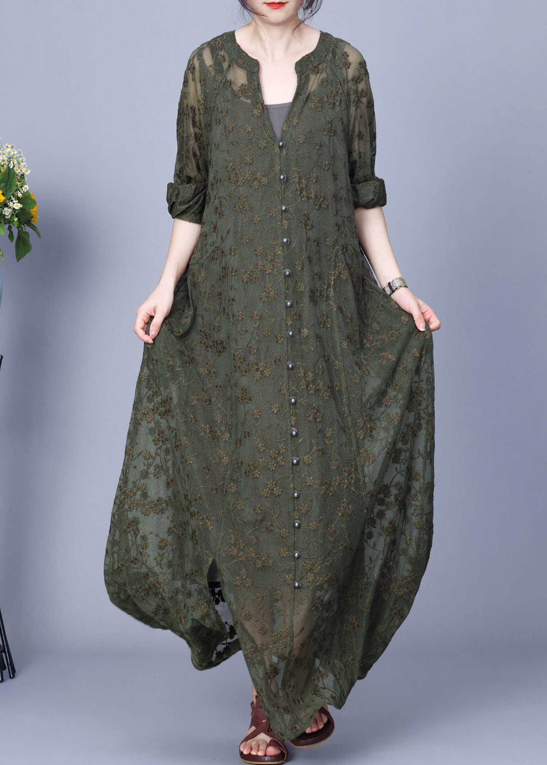 Green Side Open Silk Cotton Two Pieces Set Embroidered Long Sleeve