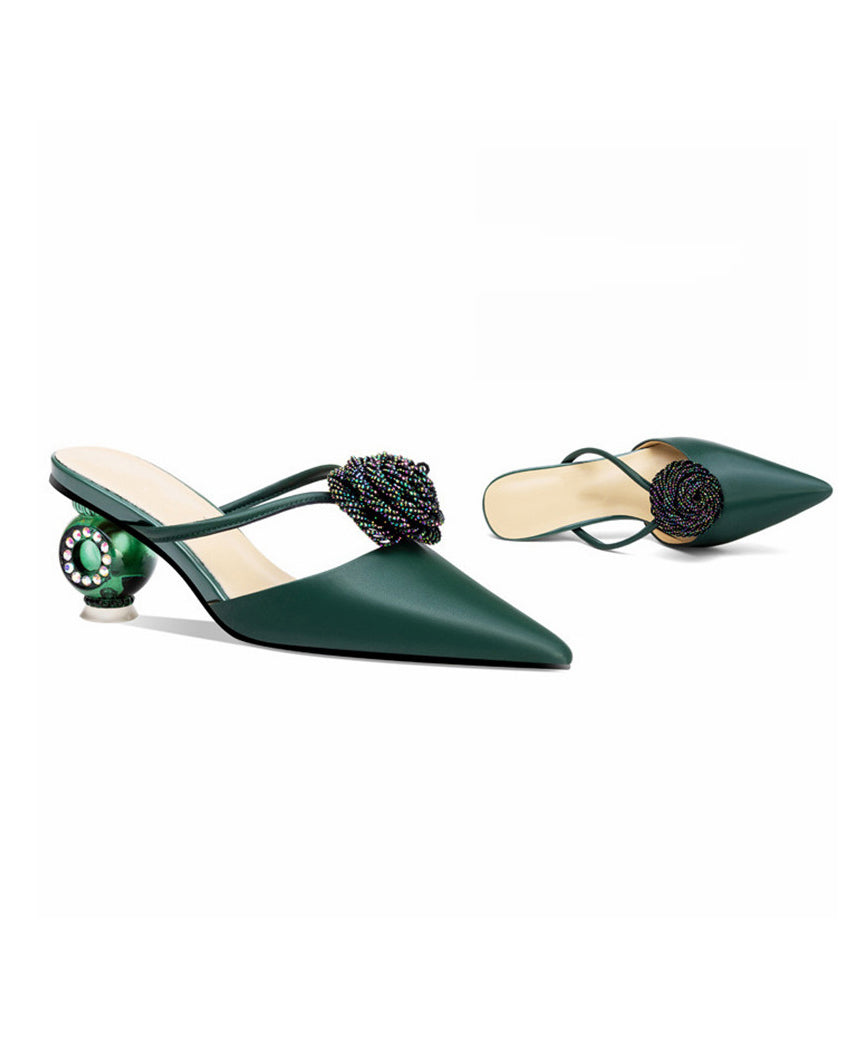 Green Splicing Chunky Slide Sandals Floral Zircon
