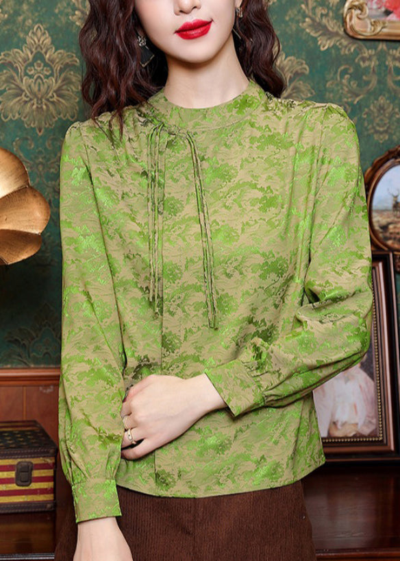 Green Stand Collar Tassel Silk Shirt Spring