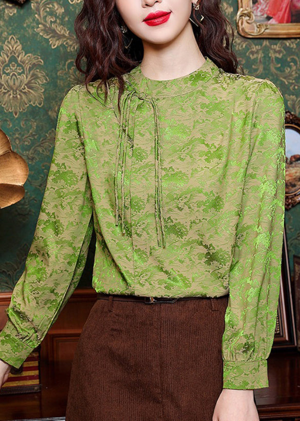 Green Stand Collar Tassel Silk Shirt Spring