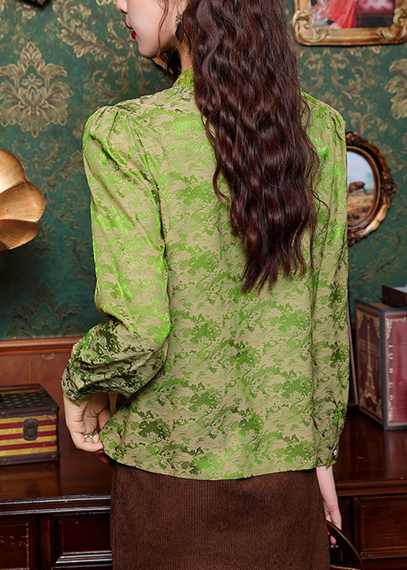 Green Stand Collar Tassel Silk Shirt Spring