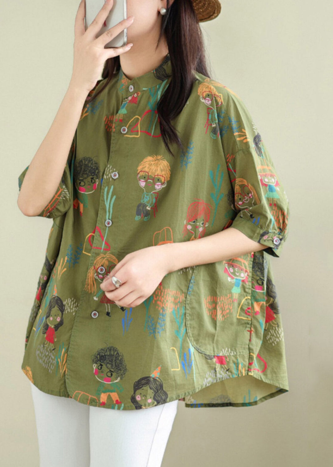 Green Stand Collar Top Short Sleeve
