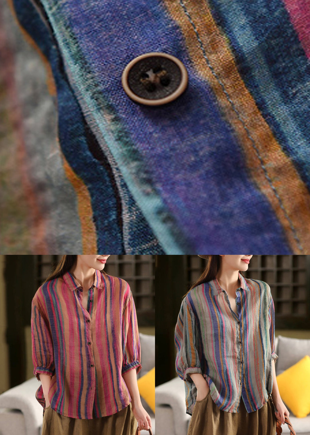 Green Stripe Button Linen Shirt Peter Pan Collar Fall