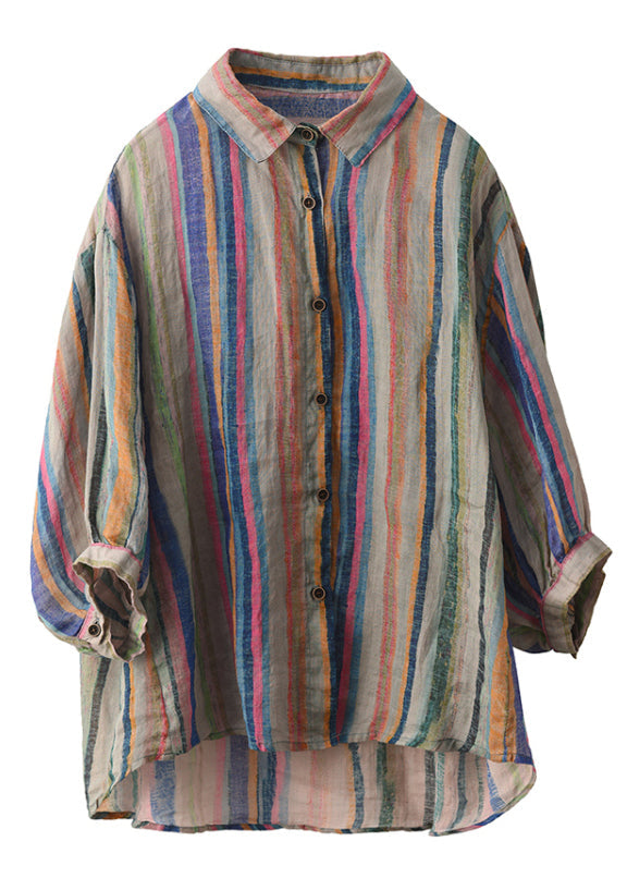 Green Stripe Button Linen Shirt Peter Pan Collar Fall